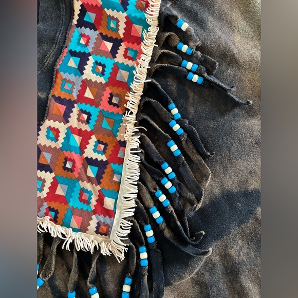Vtg Jerzees Crewneck Sweatshirt Womens 2XL Aztec Black Bleach Dyed Beaded Fringe - Picture 8 of 11